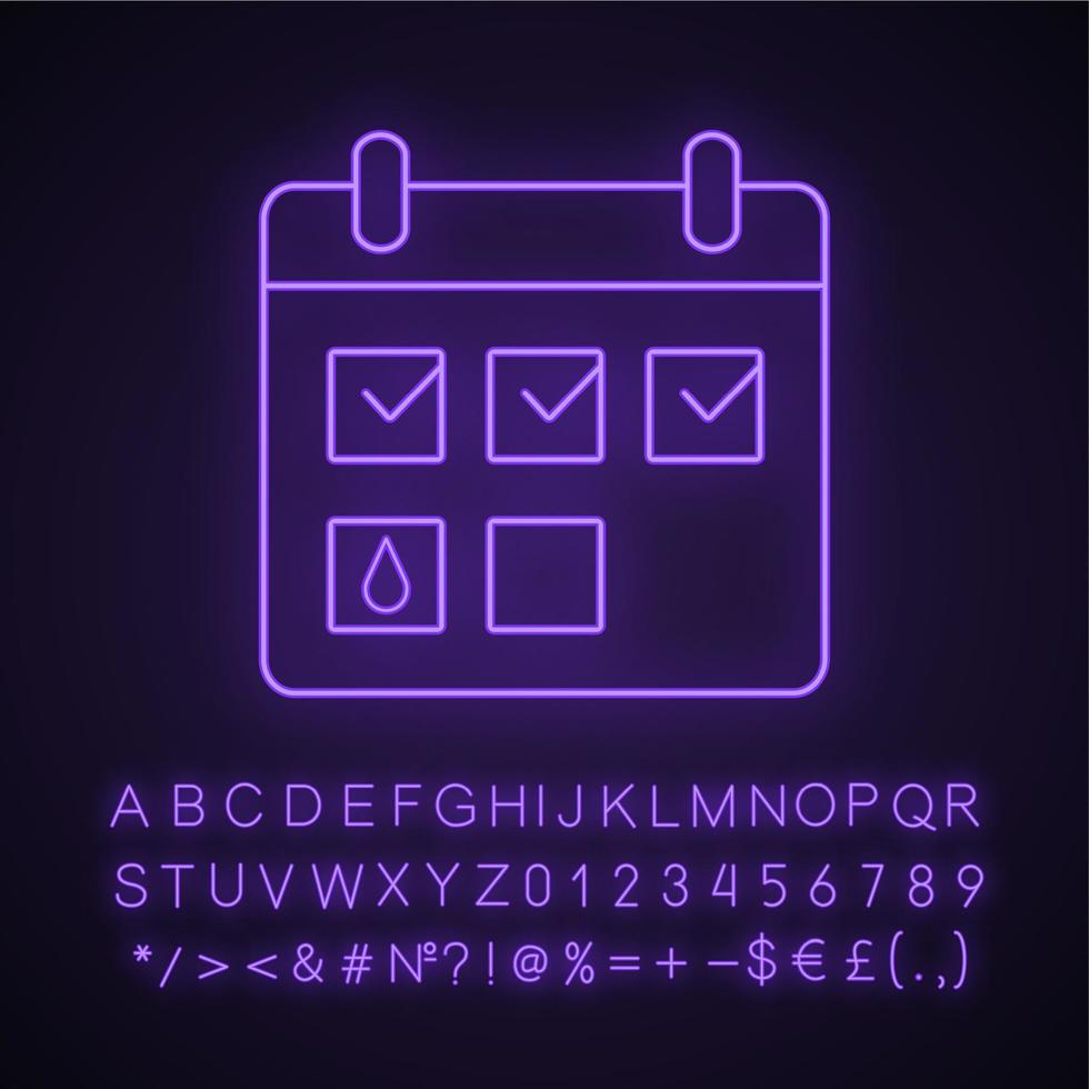 Menstrual calendar neon light icon. Period tracker. Pregnancy, ovulation calculator and calendar. Glowing sign with alphabet, numbers and symbols. Vector isolated illustration