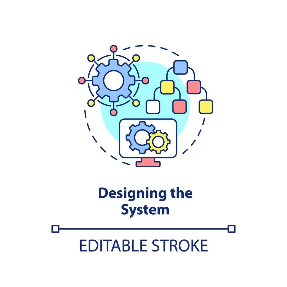 Designing system concept icon. Info system development life cycle abstract idea thin line illustration. Architecture. Isolated outline drawing. Editable stroke. vector