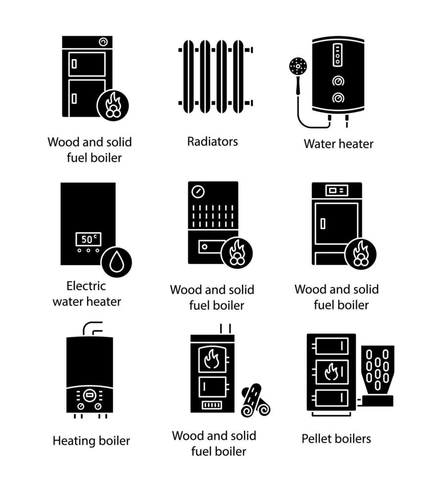 conjunto de iconos de glifo de calefacción. Calderas, radiadores, calentadores de agua. gas, eléctricas, combustibles sólidos, pellets, calderas. sistemas de calefacción central comerciales, industriales y domésticos. ilustración vectorial aislada vector