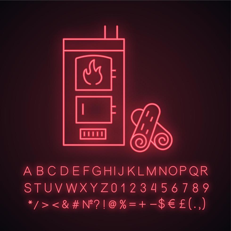 Solid fuel boiler neon light icon. House central heater. Firewood boiler with two chambers. Heating system. Glowing sign with alphabet, numbers and symbols. Vector isolated illustration