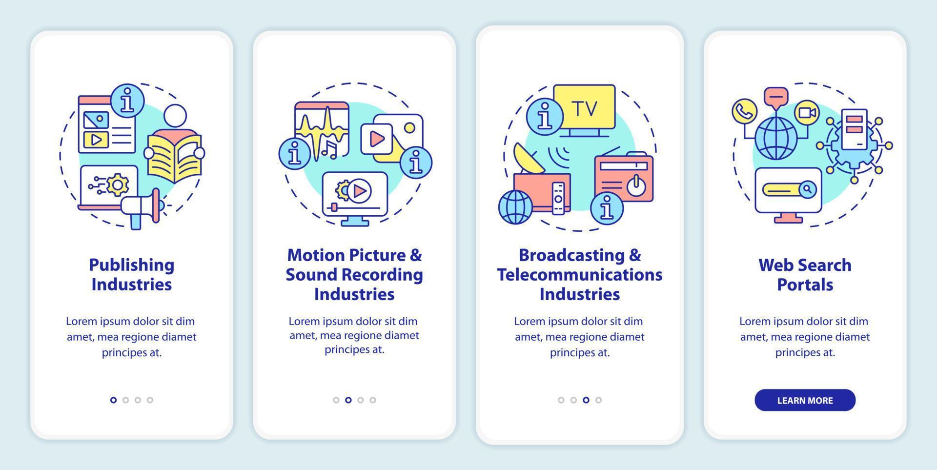 Information sector components onboarding mobile app screen. Publishing walkthrough 4 steps graphic instructions pages with linear concepts. UI, UX, GUI template. vector