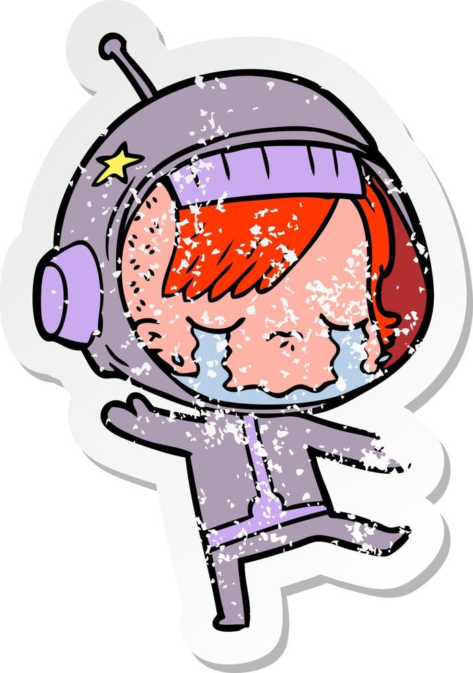 pegatina angustiada de una niña astronauta llorando de dibujos animados vector