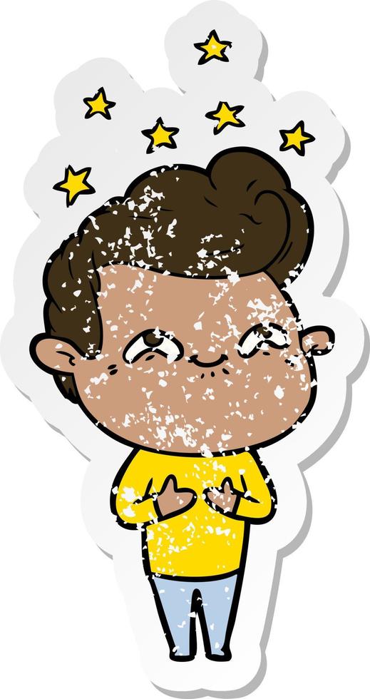 distressed sticker of a cartoon excited man vector