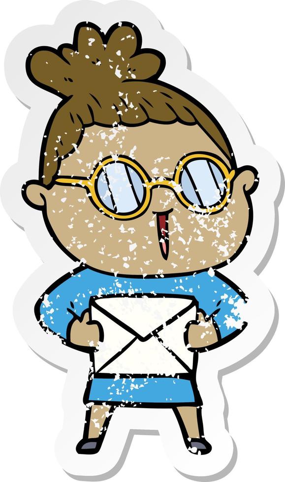 distressed sticker of a cartoon woman wearing spectacles vector