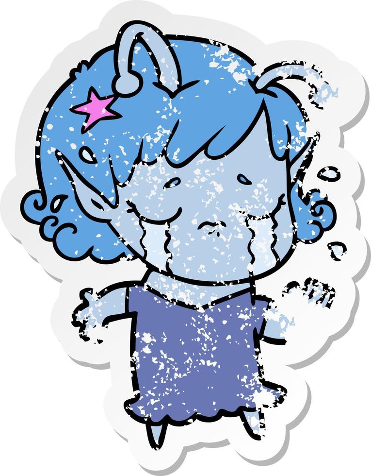 distressed sticker of a cartoon crying alien girl vector