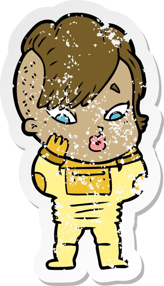 distressed sticker of a cartoon surprised girl in science fiction clothes vector