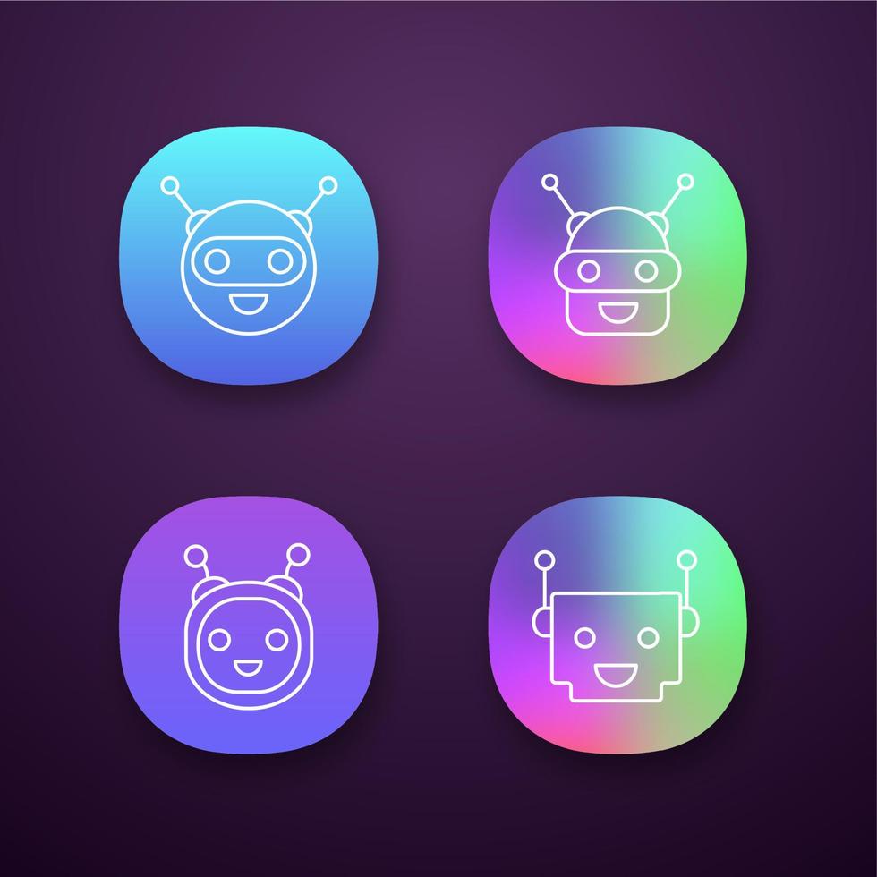 Chatbots app icons set. UI UX user interface. Talkbots. Laughing virtual assistants. Conversational agents. Modern robots. Web or mobile applications. Vector isolated illustrations