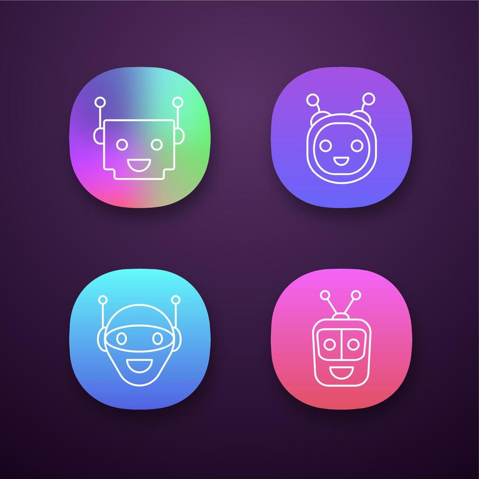 Chatbots app icons set. UI UX user interface. Talkbots. Laughing virtual assistants. Conversational agents. Modern robots. Web or mobile applications. Vector isolated illustrations