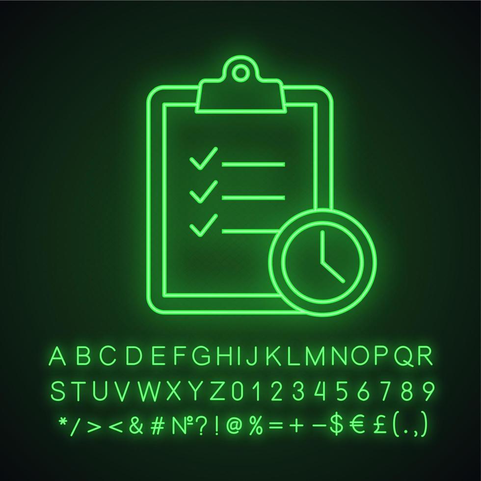Time management neon light icon. Glowing sign with alphabet, numbers and symbols. Task planning. Deadline. Tasks list. Vector isolated illustration