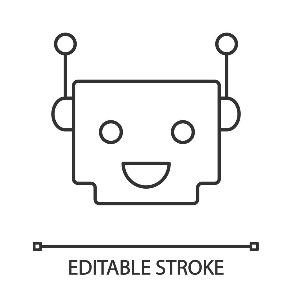 Chatbot linear icon. Thin line illustration. Modern robot. Square head laughing chat bot. Virtual assistant. Conversational agent. Contour symbol. Vector isolated outline drawing. Editable stroke
