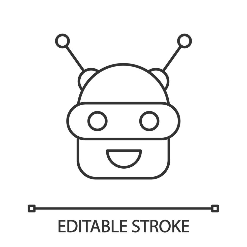 Chatbot linear icon. Thin line illustration. Talkbot. Modern robot. Android laughing chat bot. Virtual assistant. Conversational agent. Contour symbol. Vector isolated outline drawing. Editable stroke