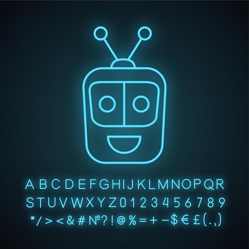 Chatbot neon light icon. Talkbot. Modern robot. Square head laughing chat bot. Virtual assistant. Conversational agent. Glowing sign with alphabet, numbers and symbols. Vector isolated illustration