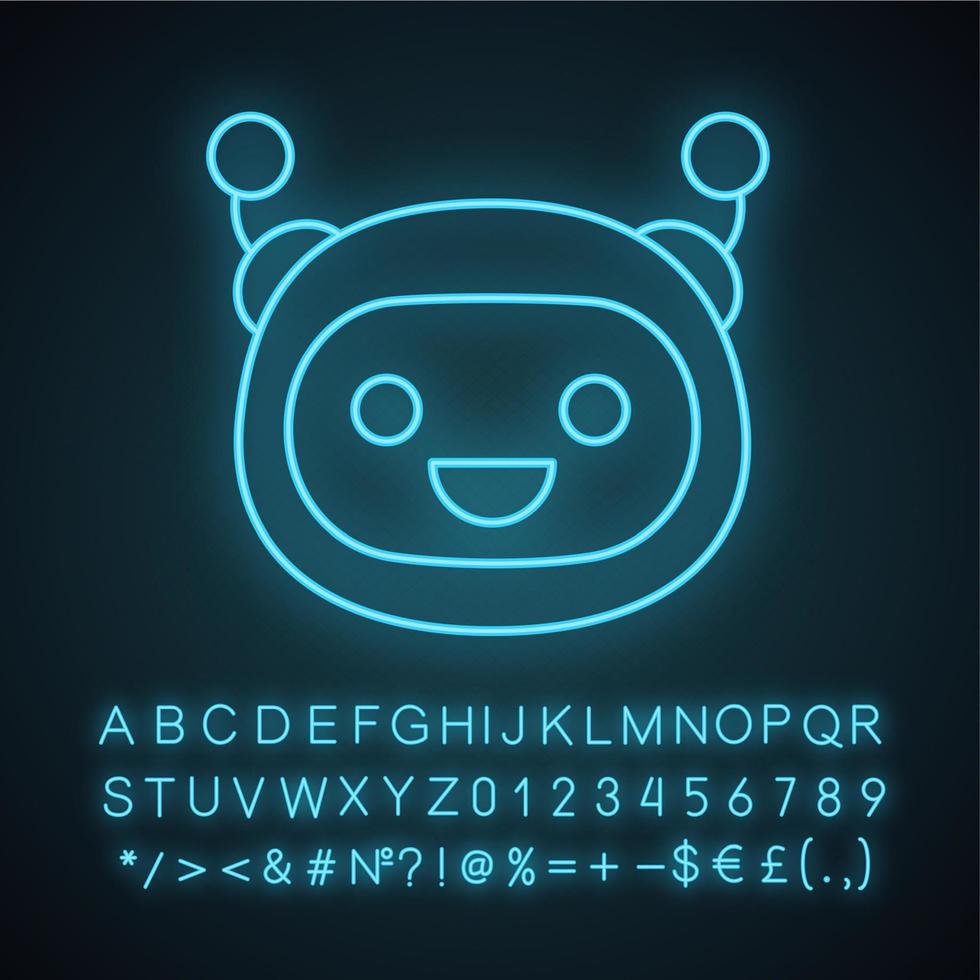 Chatbot neon light icon. Talkbot. Laughing chat bot. Modern robot. Virtual assistant. Conversational agent. Glowing sign with alphabet, numbers and symbols. Vector isolated illustration