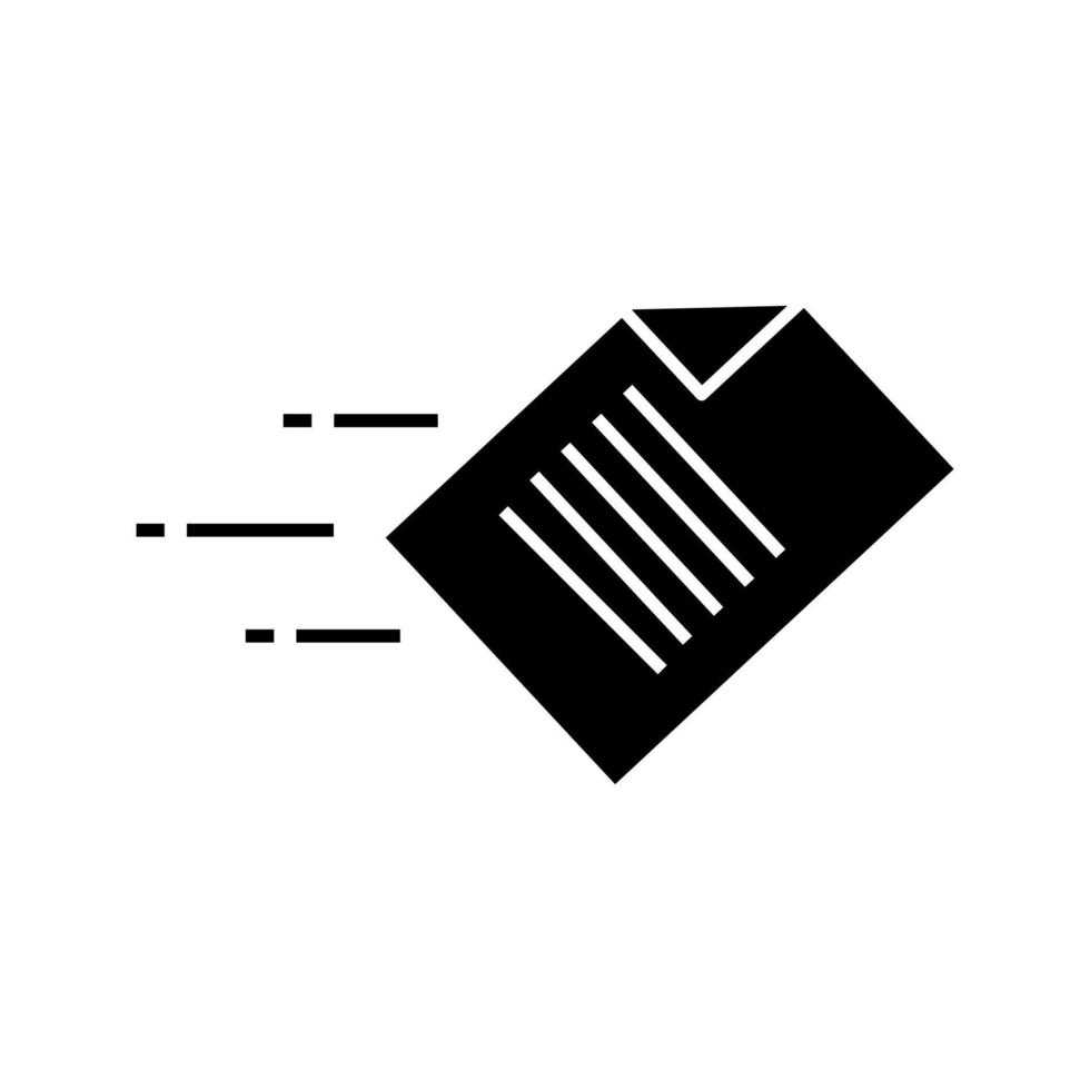 Quick data transfer glyph icon. File sending. Flying document. Silhouette symbol. Negative space. Vector isolated illustration