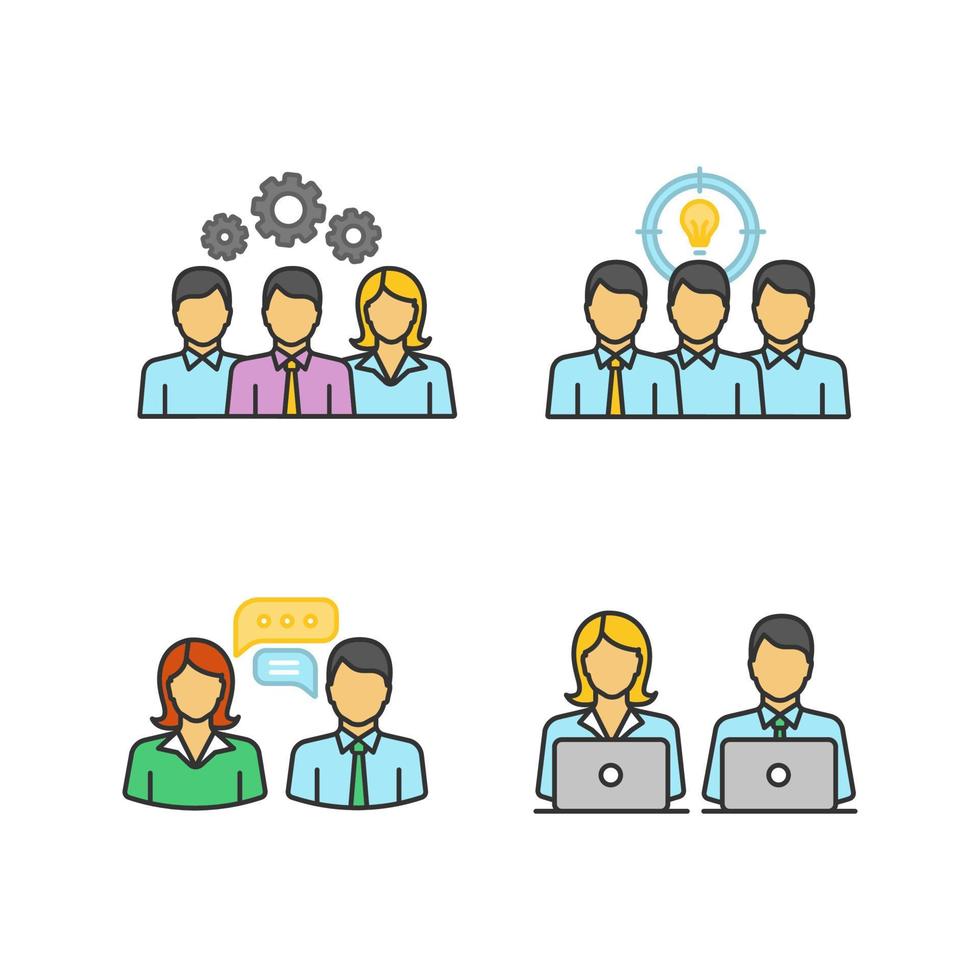 conjunto de iconos de colores de trabajo en equipo. problema de resolución colectiva, lluvia de ideas en equipo, coworking, entrevista de trabajo, generación de ideas. ilustraciones de vectores aislados