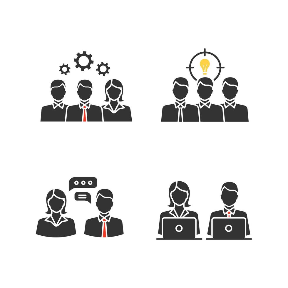 Teamwork glyph icons set. Collective solving problem, team brainstorming, coworking, job interview, generating idea. Silhouette symbols. Vector isolated illustration