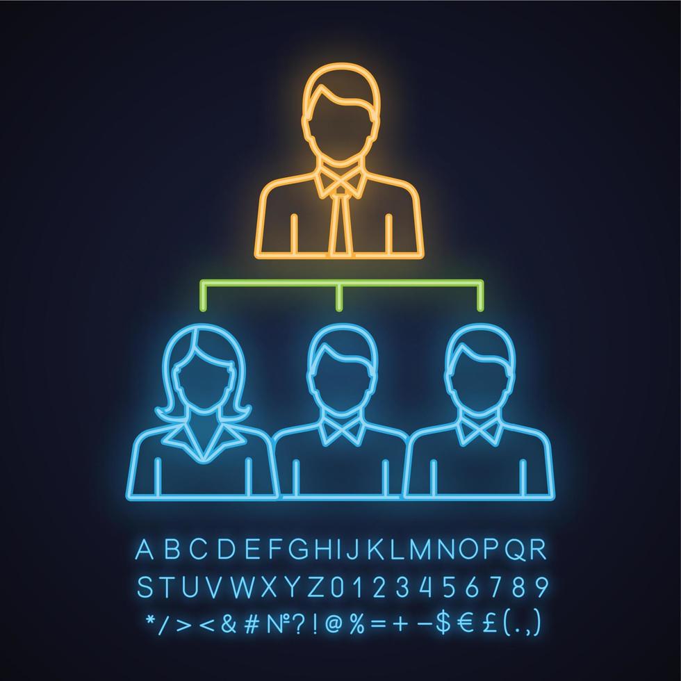 Leadership neon light icon. Boss. Teamwork. Professional hierarchy. Personnel, staff. Glowing sign with alphabet, numbers and symbols. Vector isolated illustration