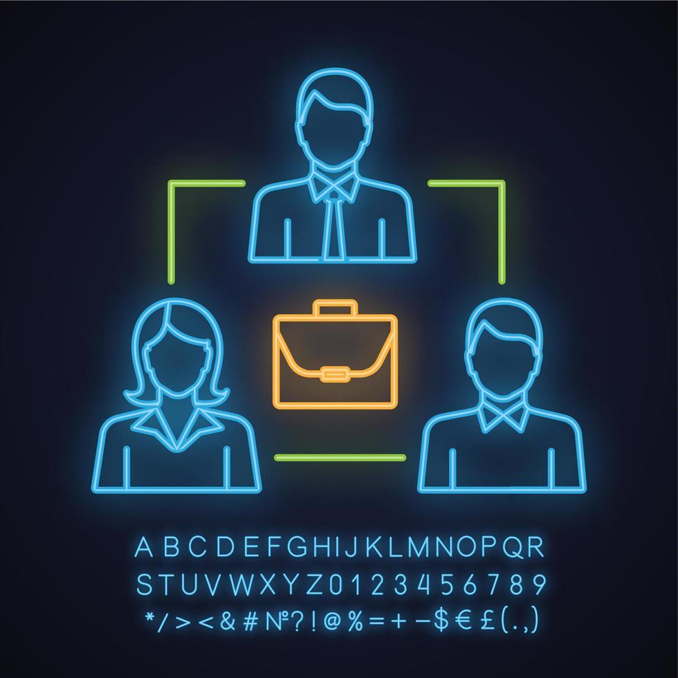 Staff interaction neon light icon. Partners. Collective problem solving. Partnership. Glowing sign with alphabet, numbers and symbols. Business deal. Investors. Vector isolated illustration