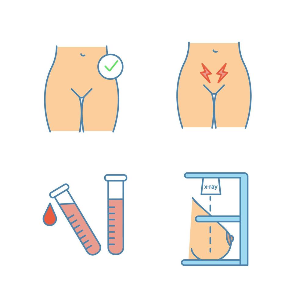 conjunto de iconos de color de ginecología. salud de la mujer, calambres menstruales, prueba de laboratorio, mamografía. ilustraciones de vectores aislados