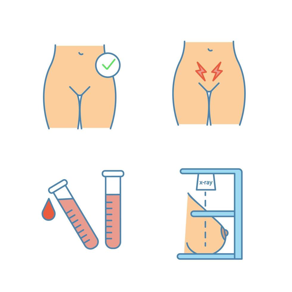 Gynecology color icons set. Womens health, menstrual cramps, laboratory test, mammography. Isolated vector illustrations