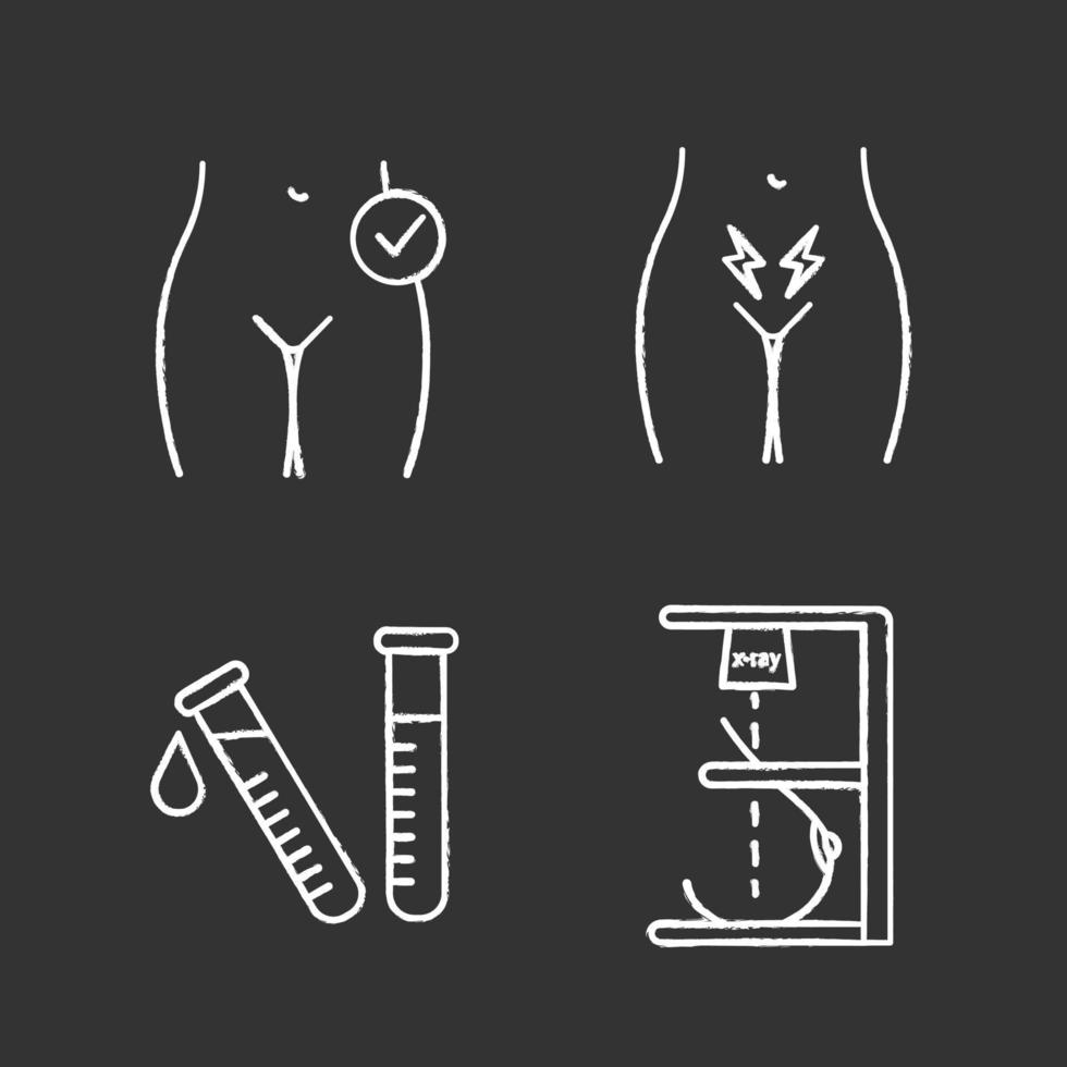 conjunto de iconos de tiza de ginecología. salud de la mujer, calambres menstruales, prueba de laboratorio, mamografía. Ilustraciones de vector pizarra