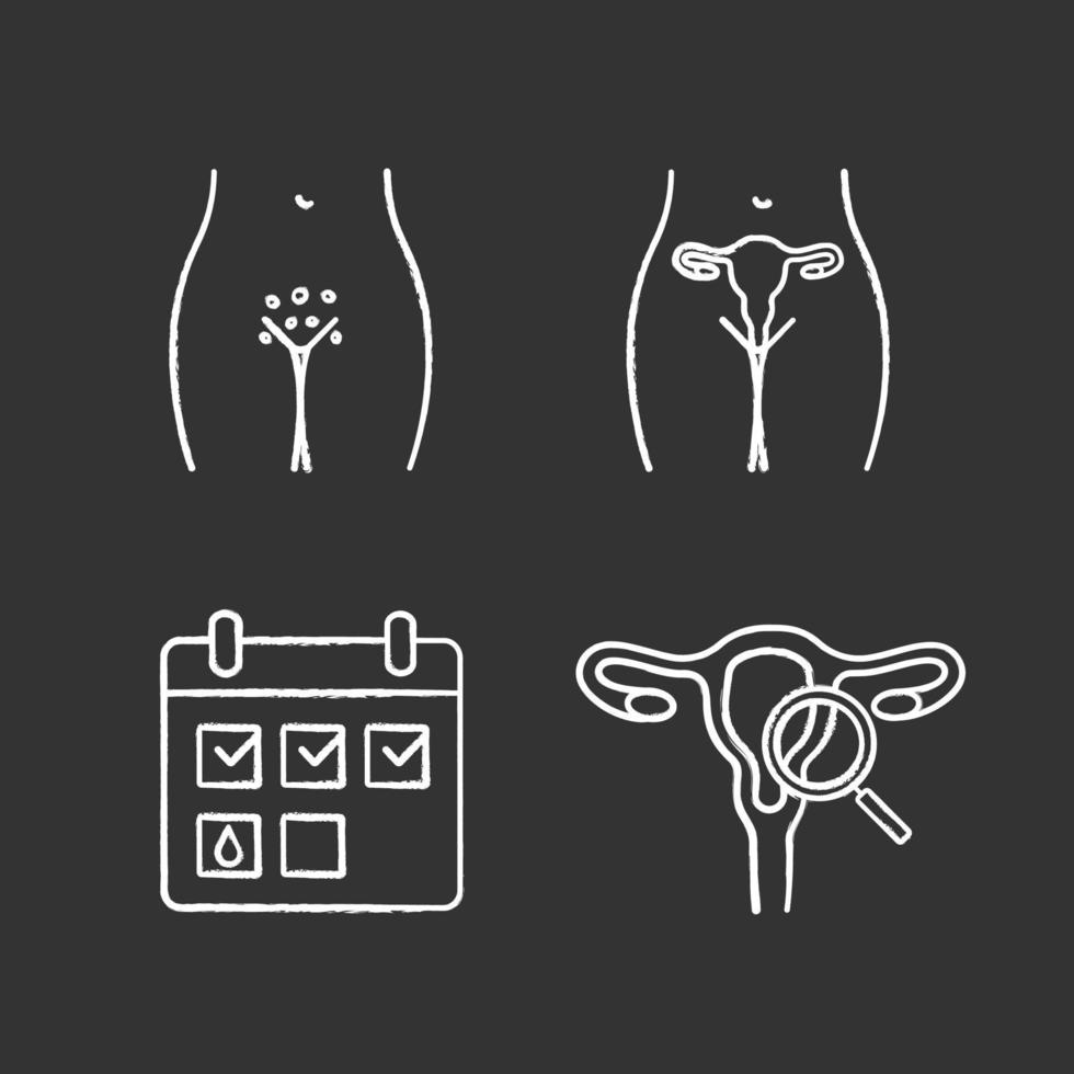 Gynecology chalk icons set. Genital rash, female reproductive system, menstrual calendar, gynecological exam. Isolated vector chalkboard illustrations