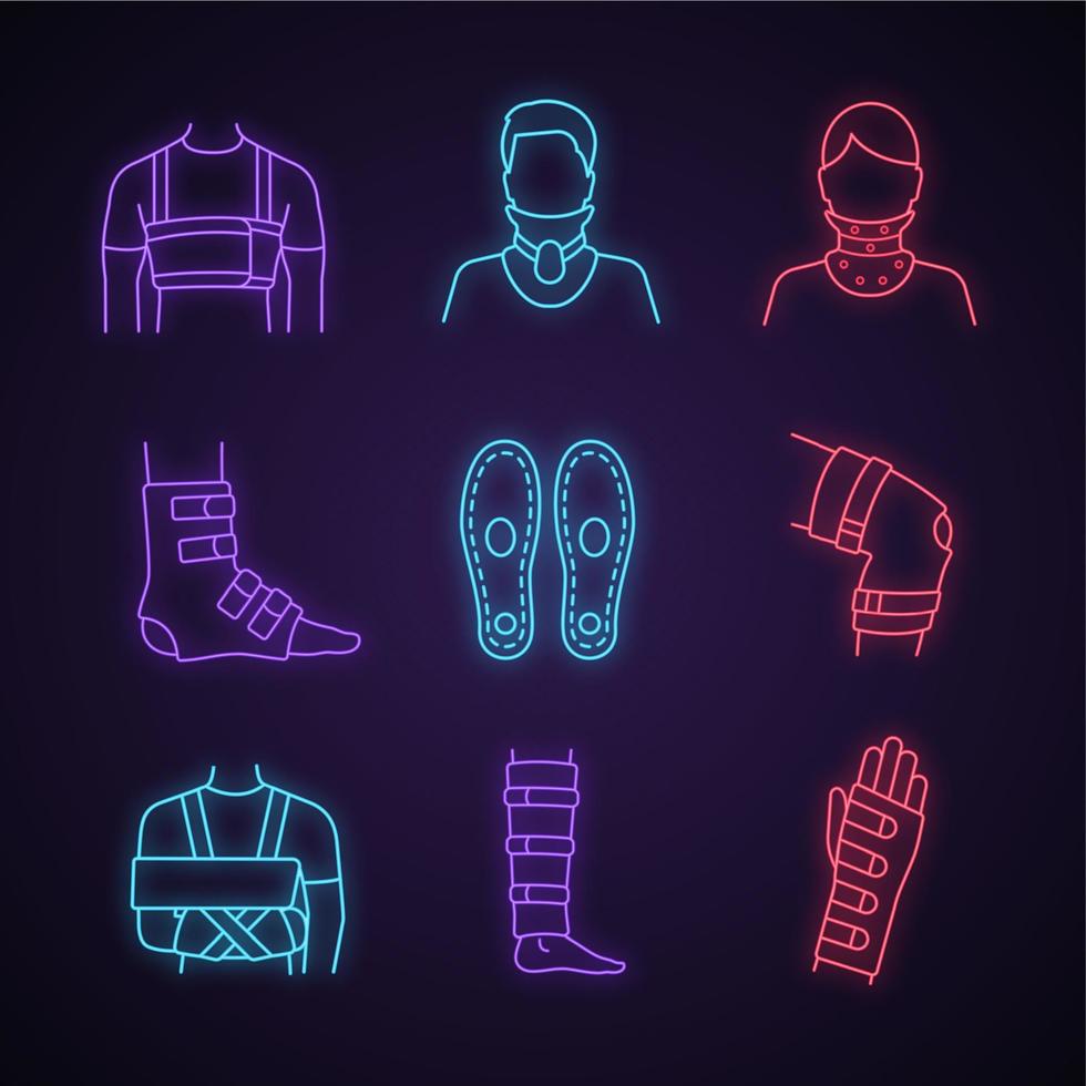 Trauma treatment neon light icons set. Rib belt, cervical collar, ankle and knee braces, insoles, shoulder immobilizer, shin support, wrist brace. Glowing signs. Vector isolated illustrations