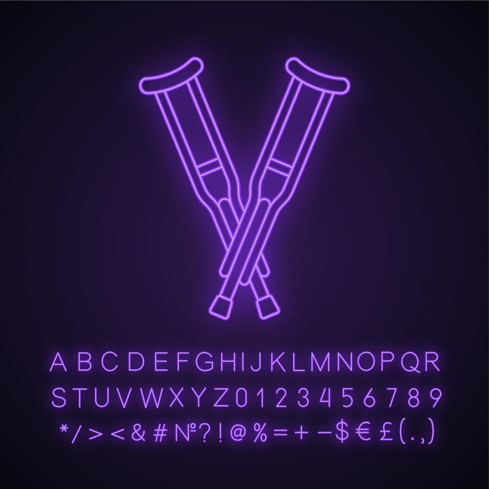 Axillary crutches neon light icon. Underarm crutches. Mobility aid. Glowing sign with alphabet, numbers and symbols. Vector isolated illustration
