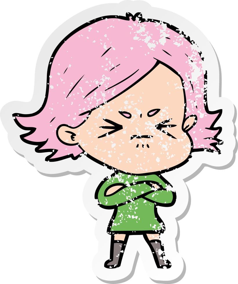 distressed sticker of a cartoon angry girl vector