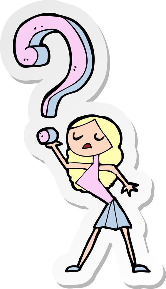 sticker of a cartoon girl with questions vector