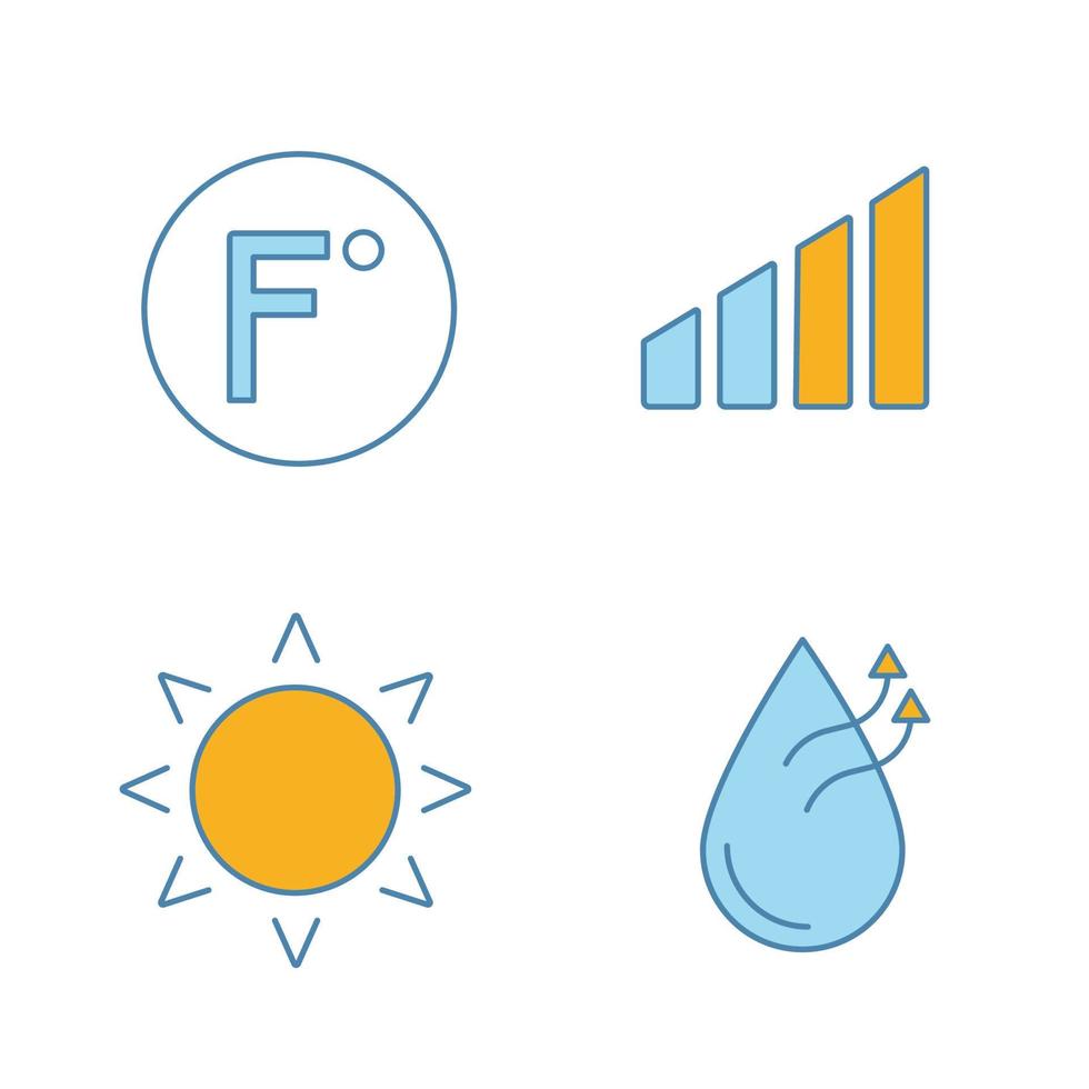 conjunto de iconos de color de aire acondicionado. grado Fahrenheit, nivel de potencia, sol, humidificación del aire. ilustraciones de vectores aislados