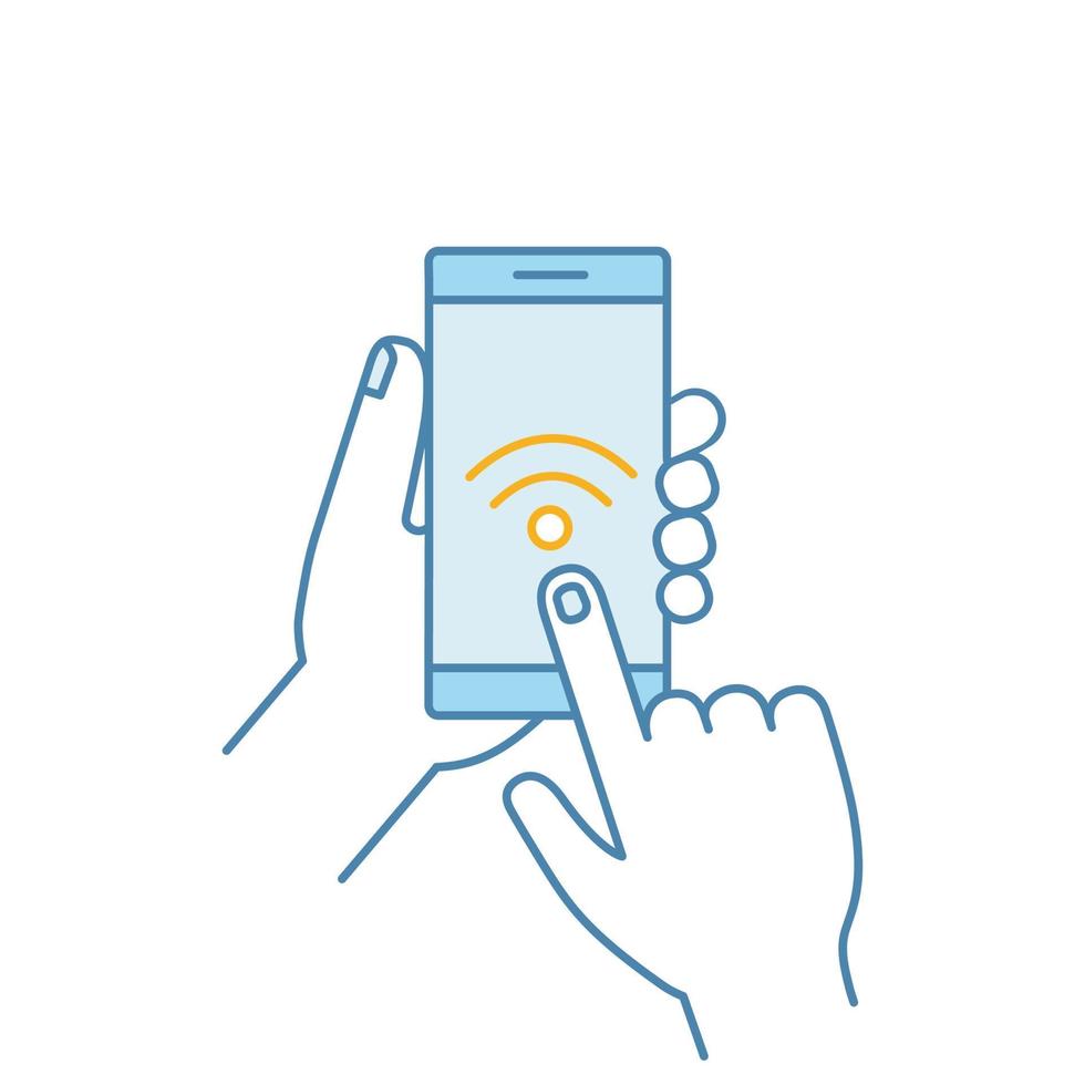 Hands holding NFC smartphone color icon. NFC phone. Near field communication. Mobile phone contactless payment. Wifi connection. Isolated vector illustration