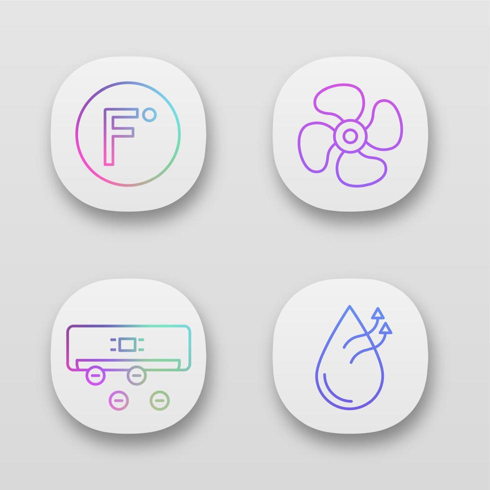 conjunto de iconos de aplicaciones de aire acondicionado. grados Fahrenheit, extractor de aire, ionizador, humidificación del aire. interfaz de usuario ui ux. aplicaciones web o móviles. Ilustraciones de vectores aislados