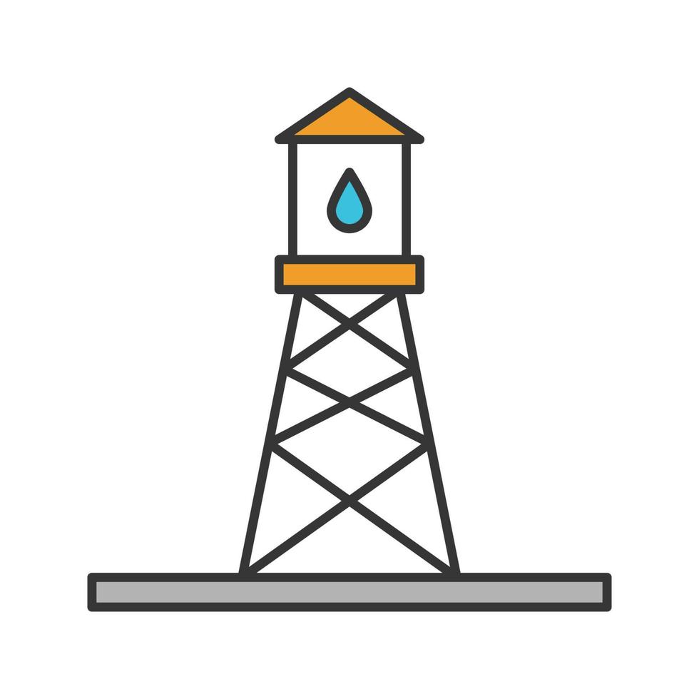 Oil rig color icon. Oil derrick. Water storage tank. Isolated vector illustration