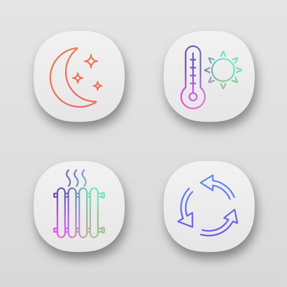 Air conditioning app icons set. Night climate, summer temperature, radiator, ventilation. UI UX user interface. Web or mobile applications. Vector isolated illustrations