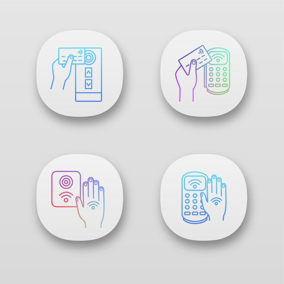 NFC technology app icons set. Near field access control, credit card reader, payment terminal, hand sticker. UI UX user interface. Web or mobile applications. Vector isolated illustrations