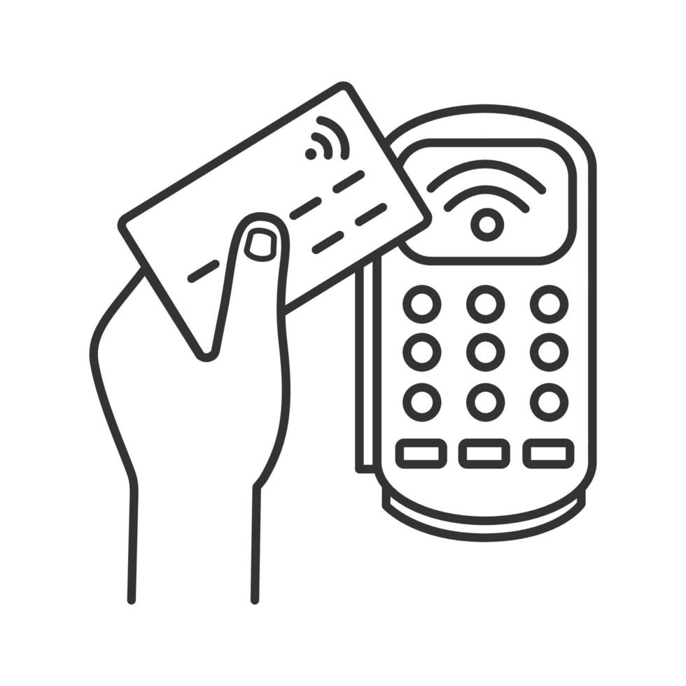 Payment terminal linear icon. POS terminal. Thin line illustration. NFC payment. Contactless transaction. E-payment. Contour symbol. Vector isolated outline drawing. Editable stroke
