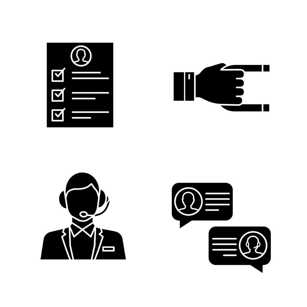 Customer retention and loyalty glyph icons set. Quality control survey, customer attraction, call center operator, support chat. Silhouette symbols. Vector isolated illustration