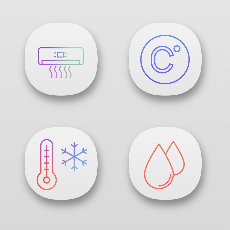 Air conditioning app icons set. Air conditioner, Celsius degree, winter temperature, humidification. UI UX user interface. Web or mobile applications. Vector isolated illustrations