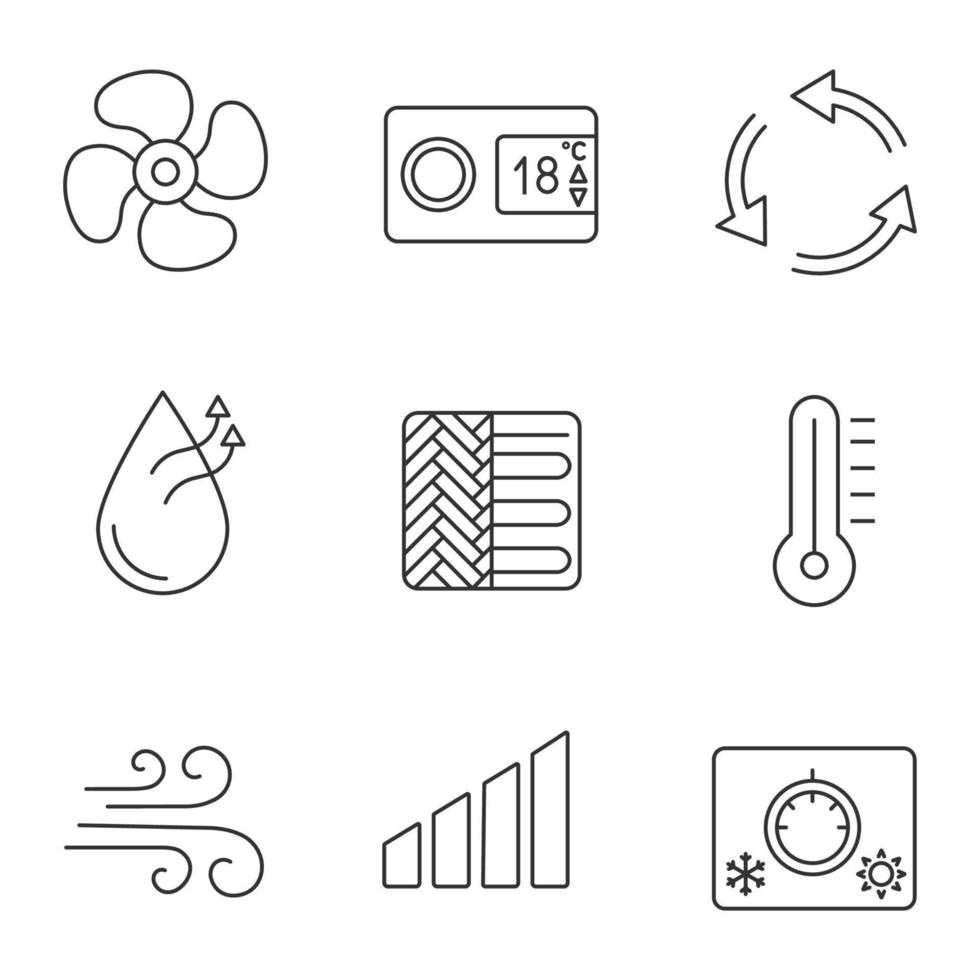 Air conditioning linear icon set. Level, thermostat, ventilation, humidification, floor heating, thermometer, airflow, climate control knob, exhaust fan. Isolated vector illustrations. Editable stroke