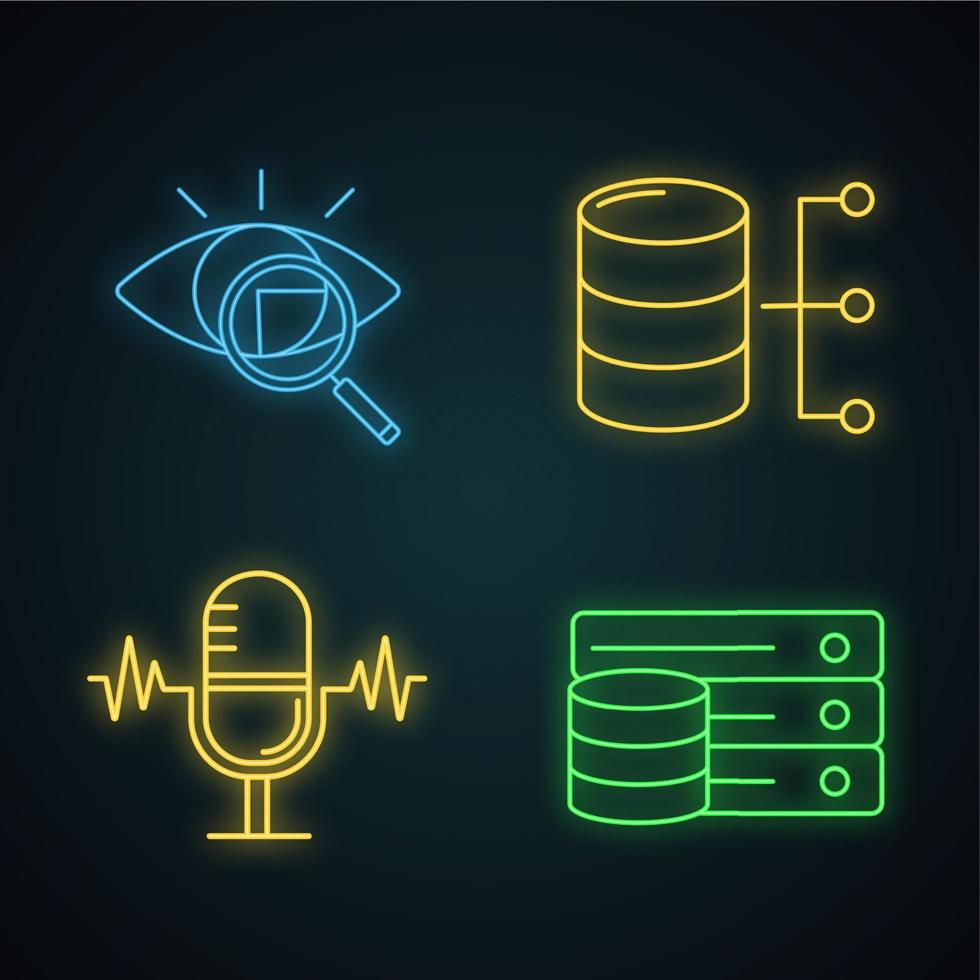 Machine learning neon light icons set. Retina scan, relational database, voice recognition, server. Glowing signs. Vector isolated illustrations