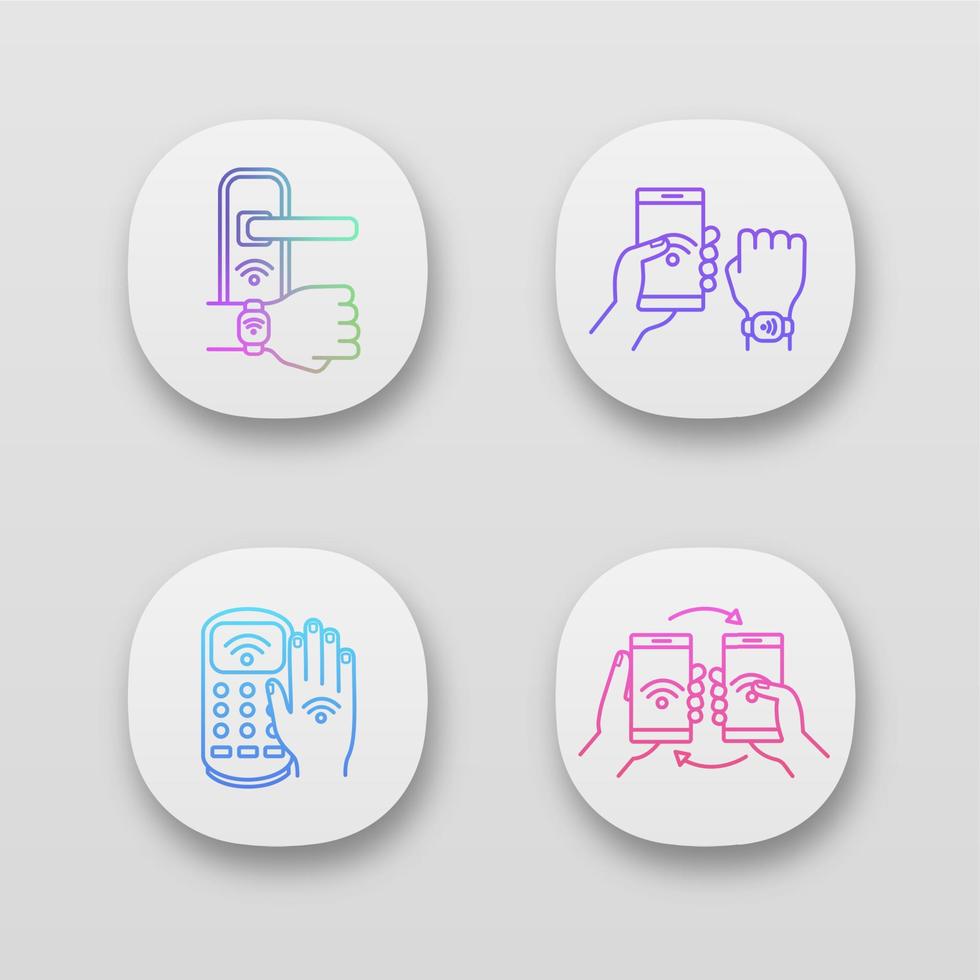 NFC technology app icons set. UI UX user interface. Near field door lock, bracelet, payment terminal, data transfer. Web or mobile applications. Vector isolated illustrations