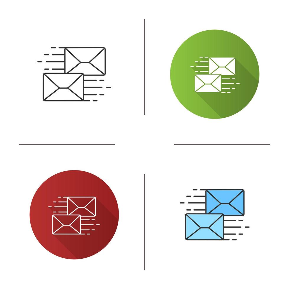 Mailing icon. Correspondence. Flying envelopes. Messenger. Email. Flat design, linear and color styles. Isolated vector illustrations