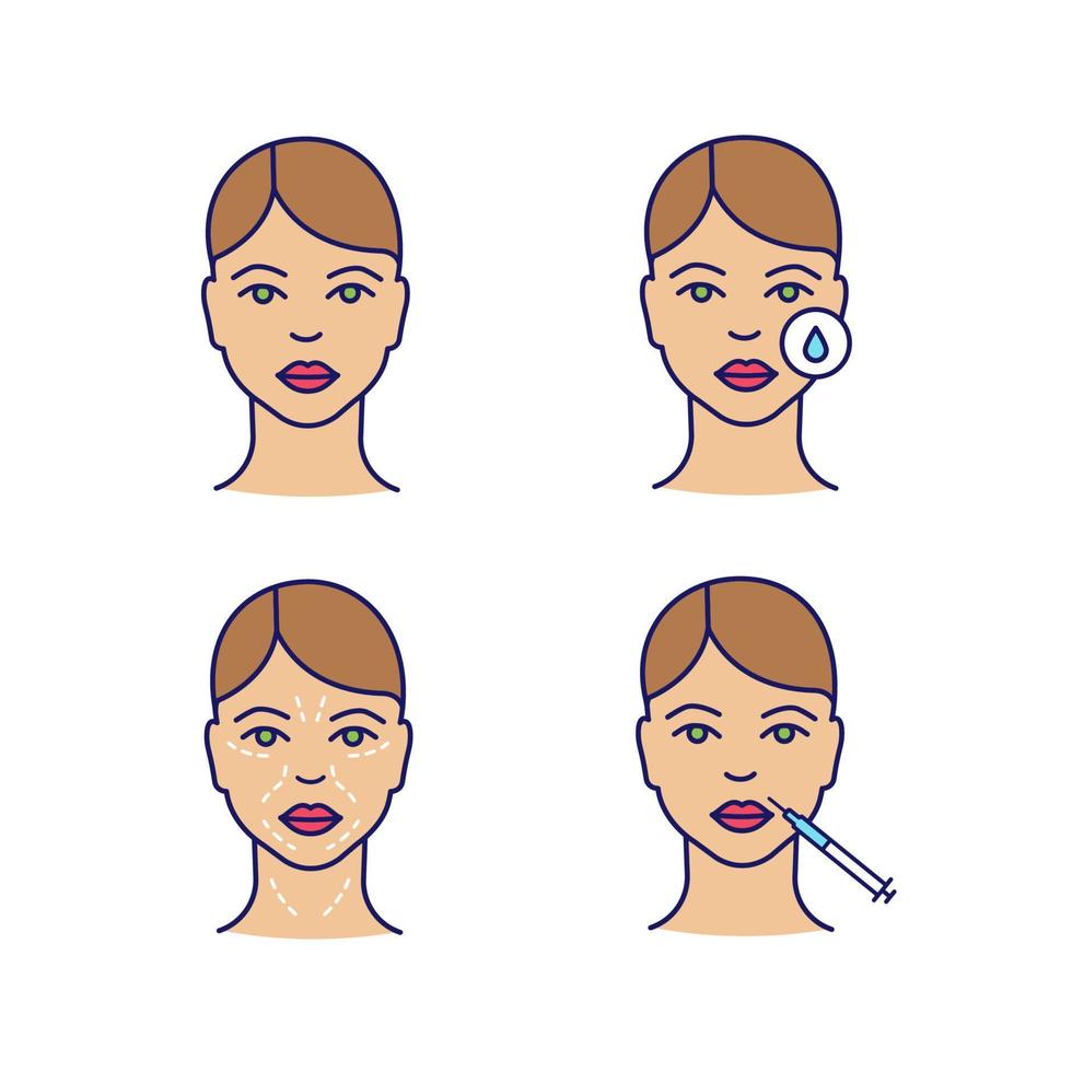 Neurotoxin injection color icons set. Woman face, makeup removal, mimic wrinkles, lips injection. Isolated vector illustrations