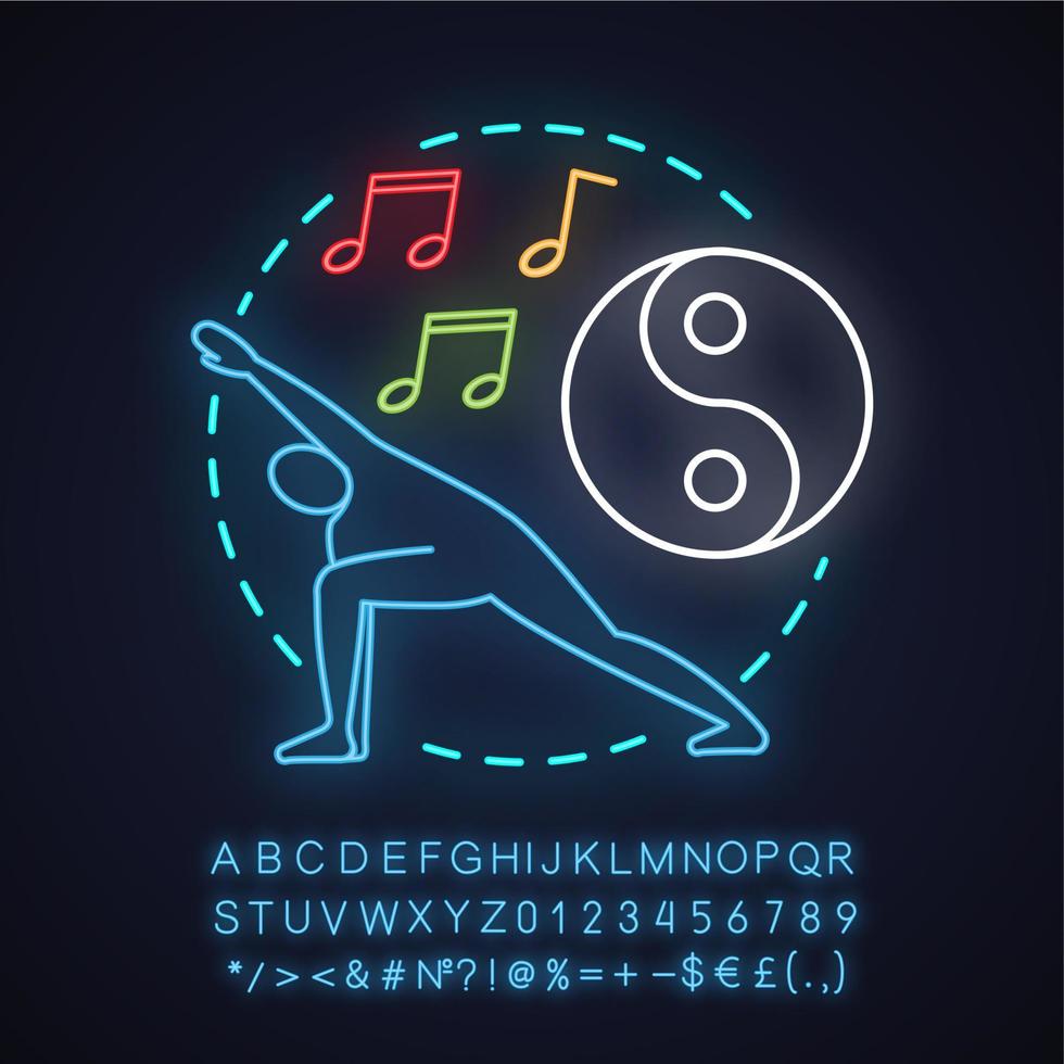 Yoga class neon light concept icon. Gymnastics idea. Sports training. Active lifestyle. Glowing sign with alphabet, numbers and symbols. Vector isolated illustration