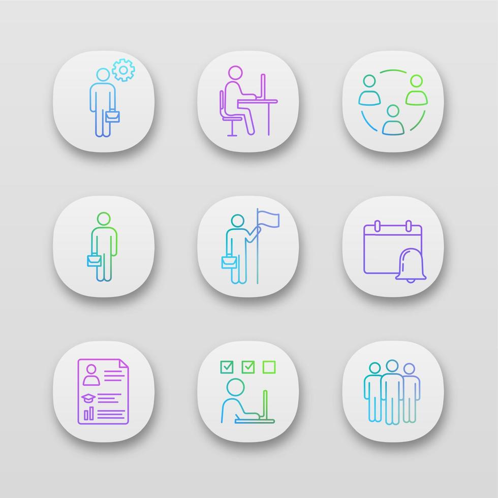 Business management app icons set. UI UX user interface. Manager, office, partnership, businessman, goal achieving, reminder, resume, task solving, team. Vector isolated illustrations