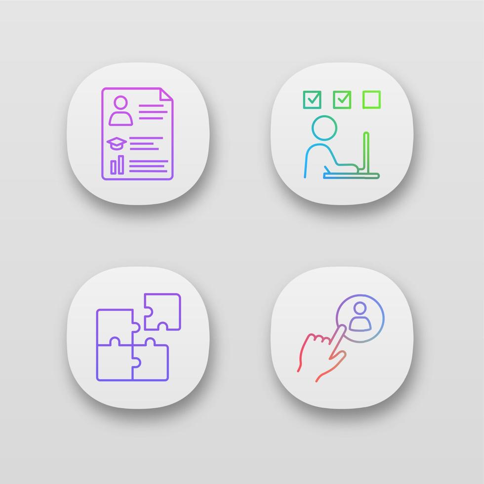 Business management app icons set. Resume, online training, solution searching, staff hiring button. UI UX user interface. Web or mobile applications. Vector isolated illustrations