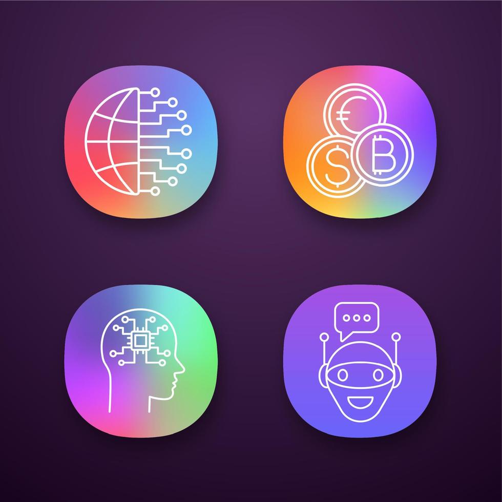 Artificial intelligence app icons set. UI UX user interface. Big data, currency exchange, robot, chat bot. Web or mobile applications. Vector isolated illustrations