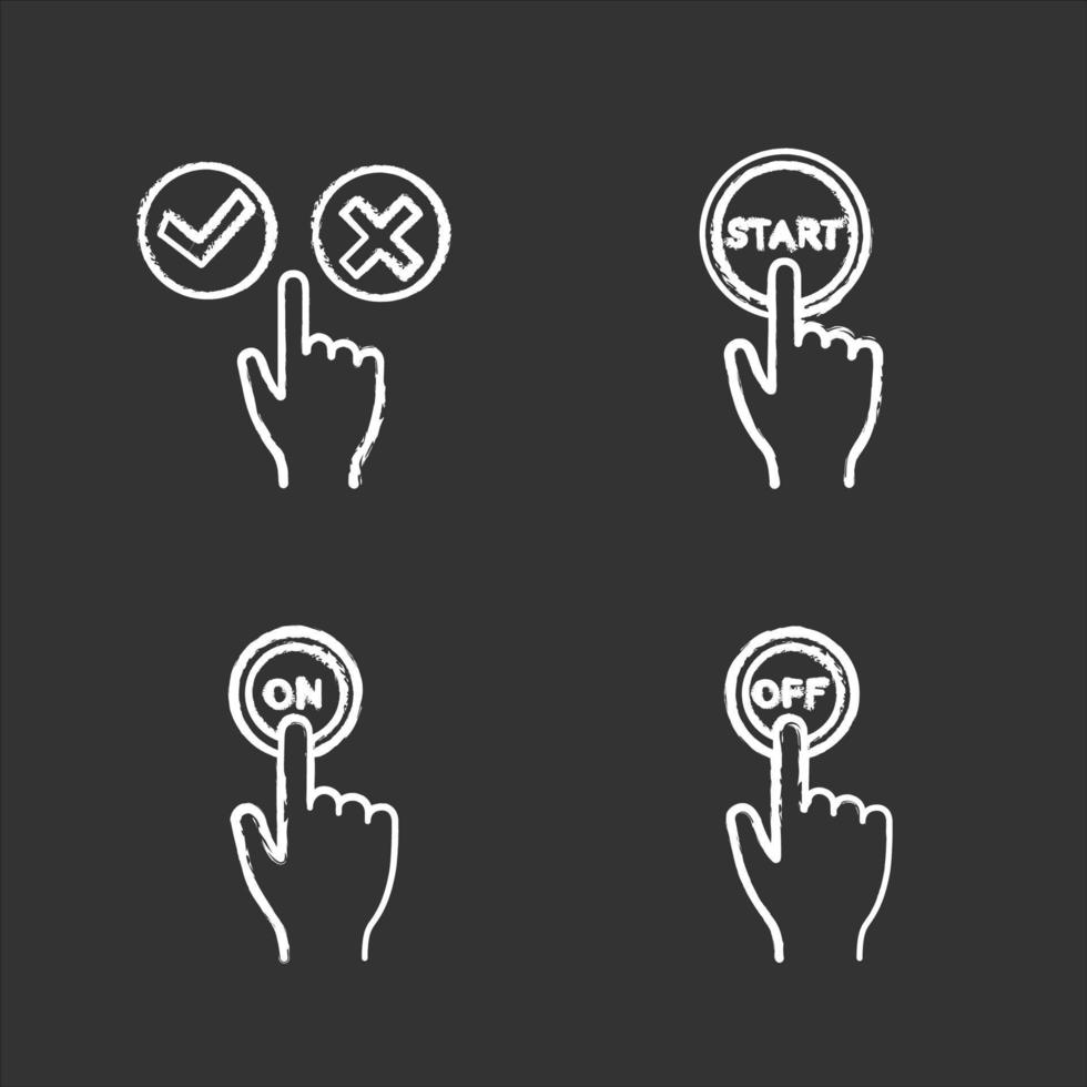 App buttons chalk icons set. Click. Accept and decline, start, turn on and off. Isolated vector chalkboard illustrations