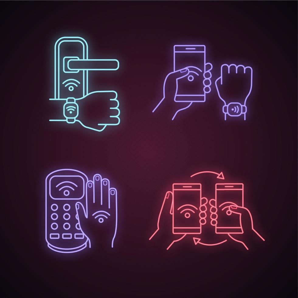 conjunto de iconos de luz de neón de tecnología nfc. Cerradura de puerta de campo cercano, pulsera, terminal de pago, transferencia de datos. signos brillantes. Ilustraciones de vectores aislados